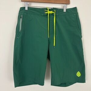 Stio CFS Board Shorts Forest Green Logo Mesh Lined Stretch Swimwear Mens 33x10.5